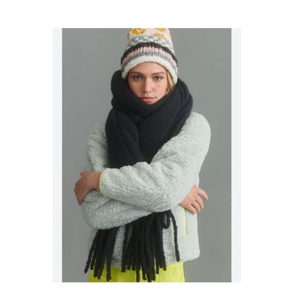 Anthropologie cozy fringed scarf wrap. Charcoal gray. EUC.